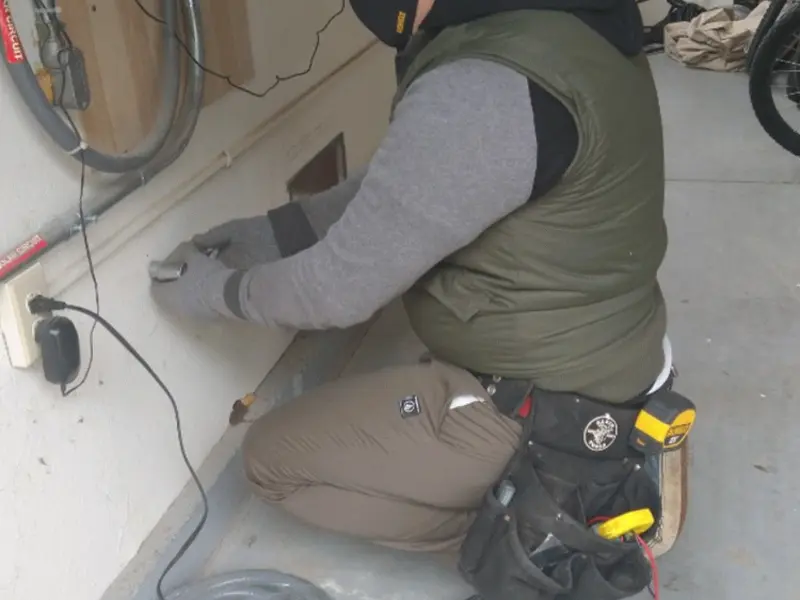 Electrician performing outlet wiring in a Beach City garage